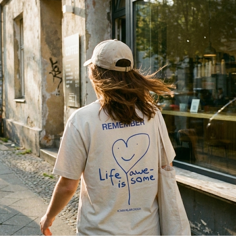 Unisex T-Shirt in Natural Raw von KOMM KLAR DIGGA mit Rückenprint „Life Is Awesome“, handgezeichnetes Herzmotiv, authentischer Streetwear-Look im urbanen Alltag getragen.