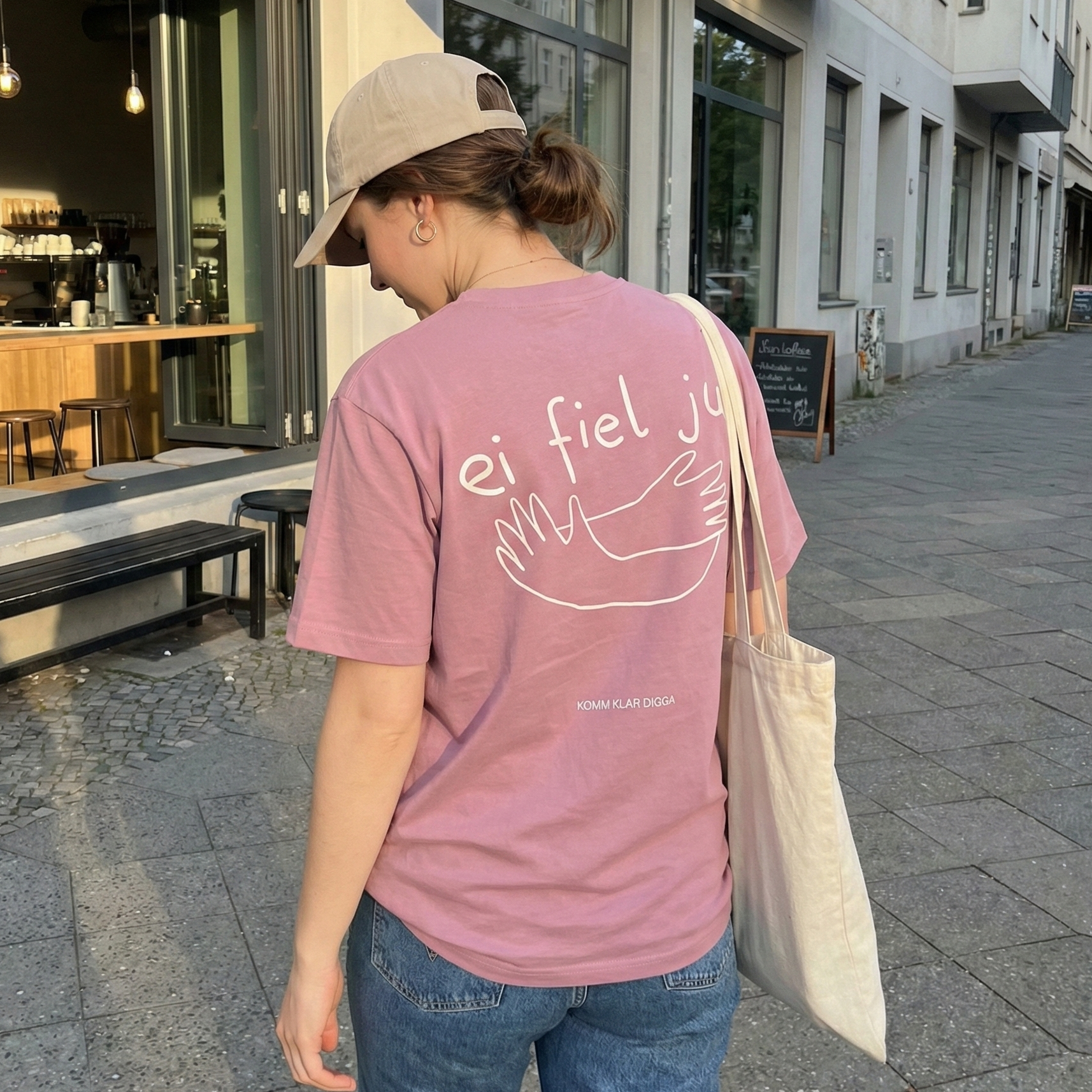 Frau mit pinkem Shirt blickt nach unten. Fotoaufnahme vom Rücken mit KKD Design "Ei fiel ju"