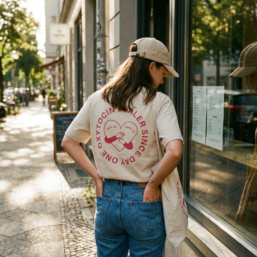 Frau mit Cap blickt nach unten, Foto vom Rücken des Shirts mit dem Claim "Oxytocine Dealer Since Day One"